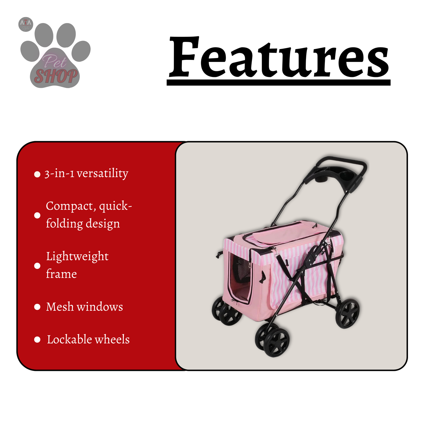 3-in-1 Folding Pet Stroller with Detachable Carrier