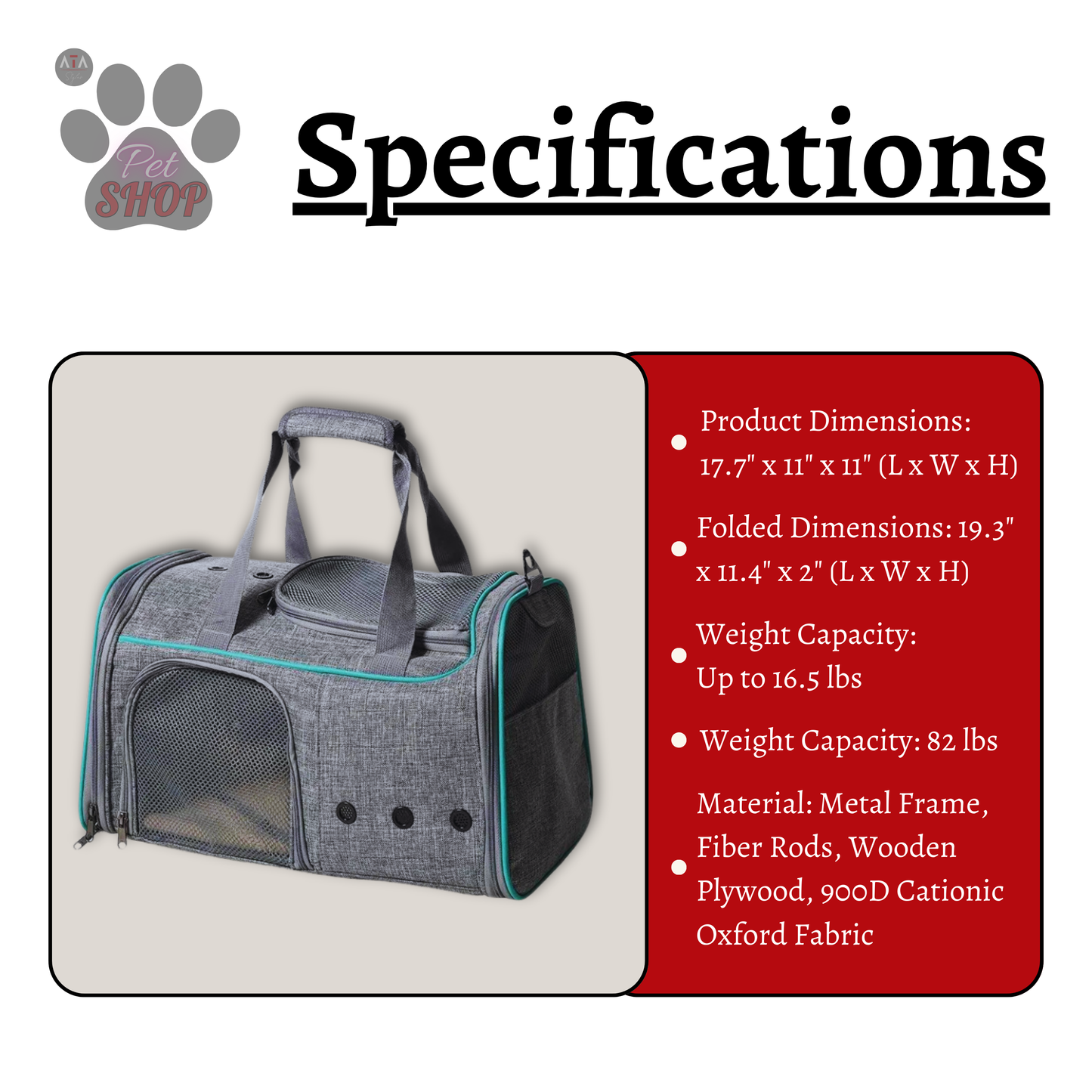 Travel Pet Carrier for Cats & Small Dogs (up to 16.5lbs)